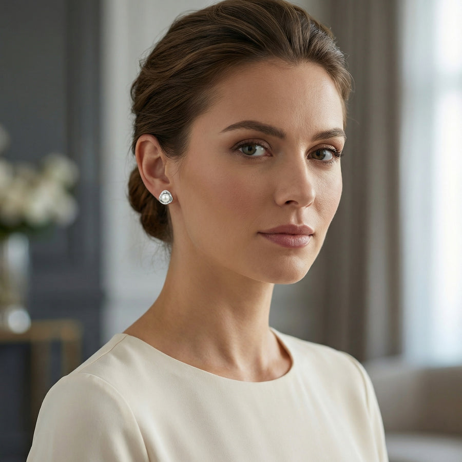 Pearl and CZ Swirl Stud Earrings – pearl earrings, close-up