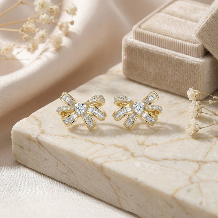 Bow Studs with Heart Center – sterling silver earrings, side detail