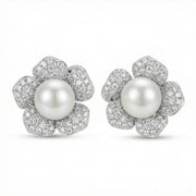 Floral Pearl Studs, Baguette Accents – pearl earrings