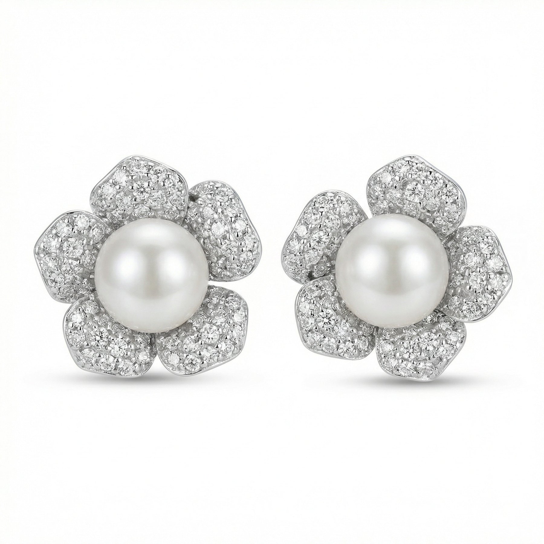 Floral Pearl Studs, Baguette Accents – pearl earrings