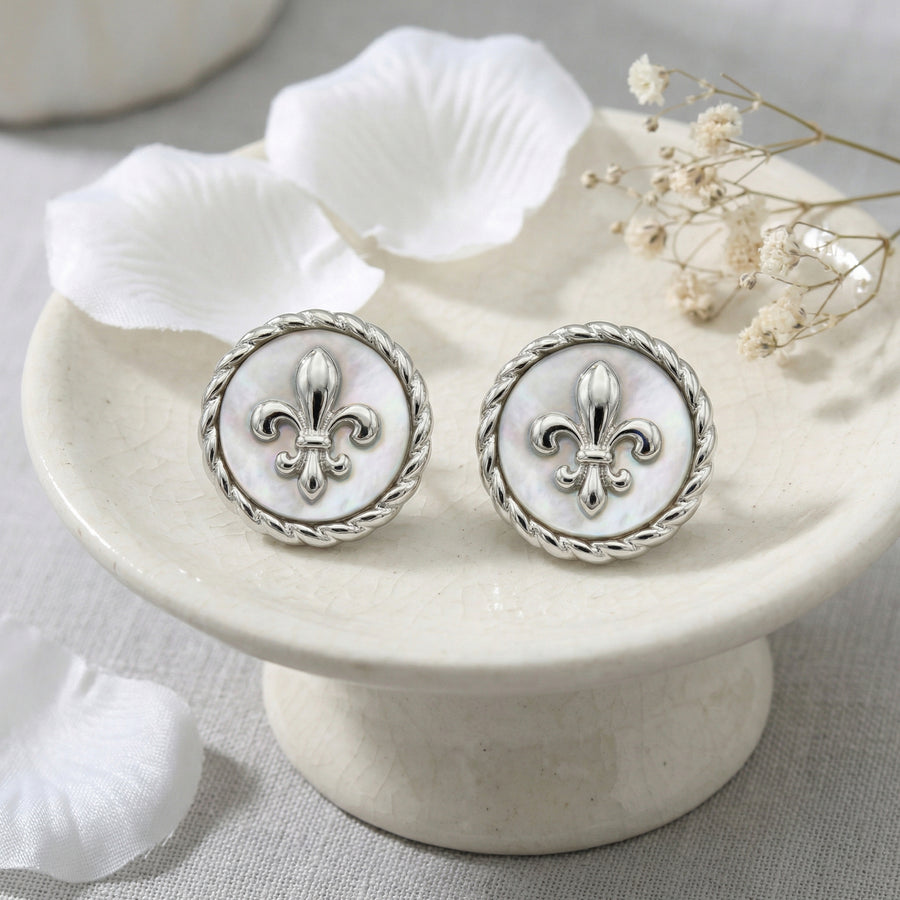 Fleur-de-Lis Mother-of-Pearl Studs – mother-of-pearl earrings, front view