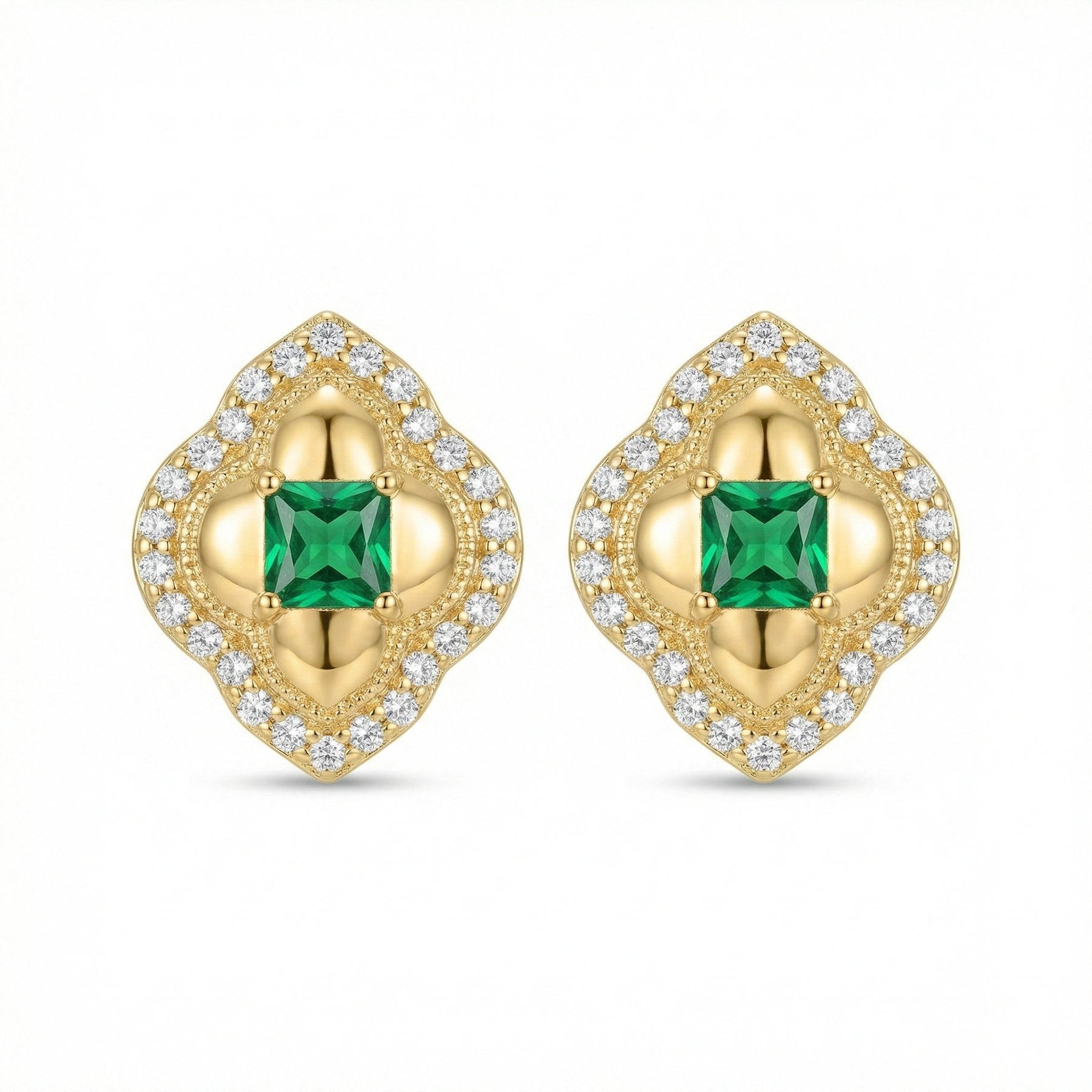 Quatrefoil Green Stone Stud Earrings – sterling silver earrings, front view