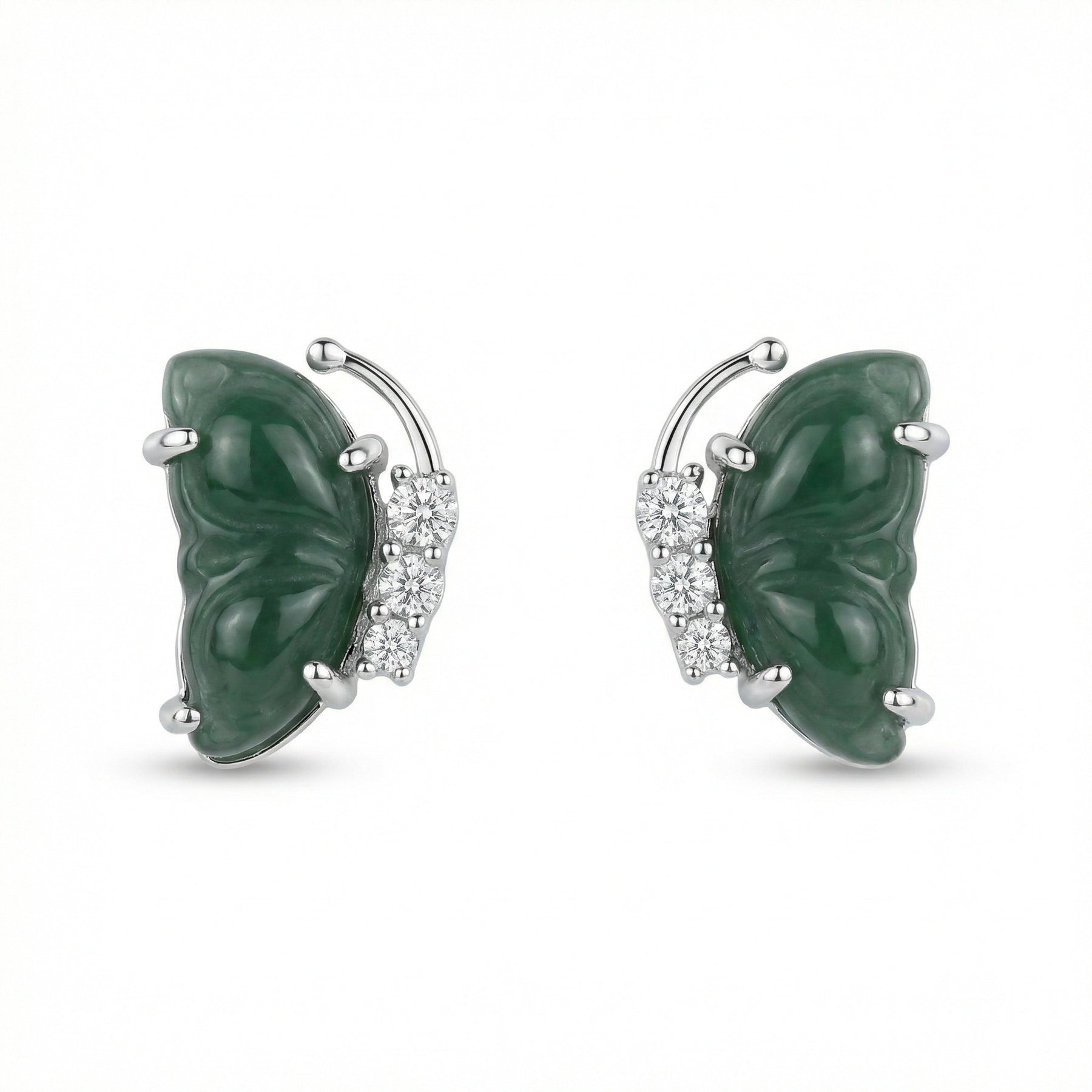 Carved Green Jade Butterfly Studs – jade earrings, close-up