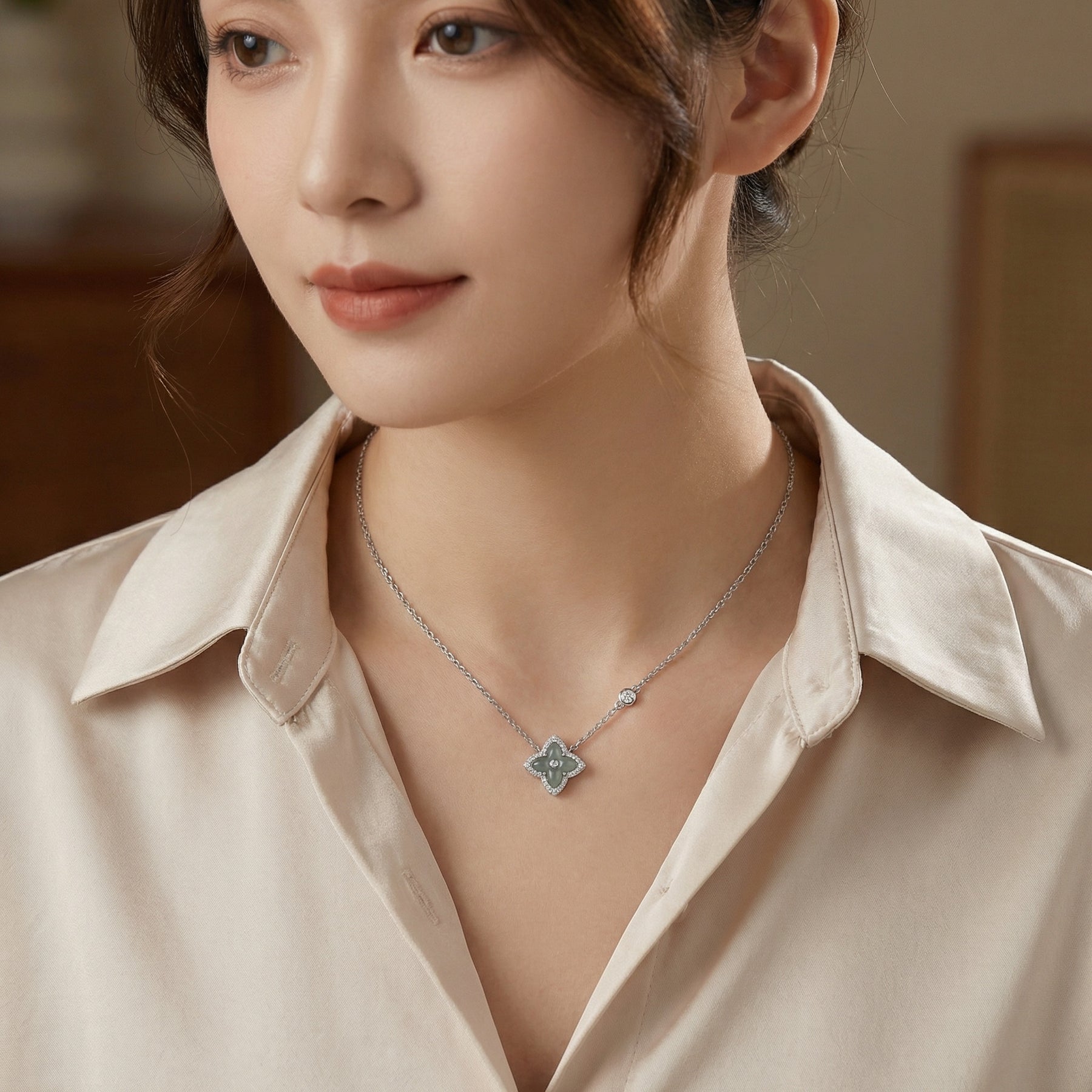 Quatrefoil Grey Jade Halo Necklace – jade necklace, side detail