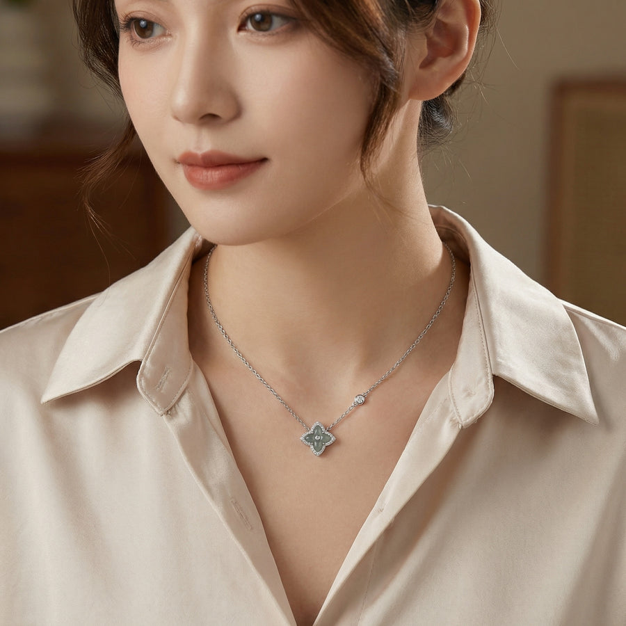 Quatrefoil Grey Jade Halo Necklace – jade necklace, side detail