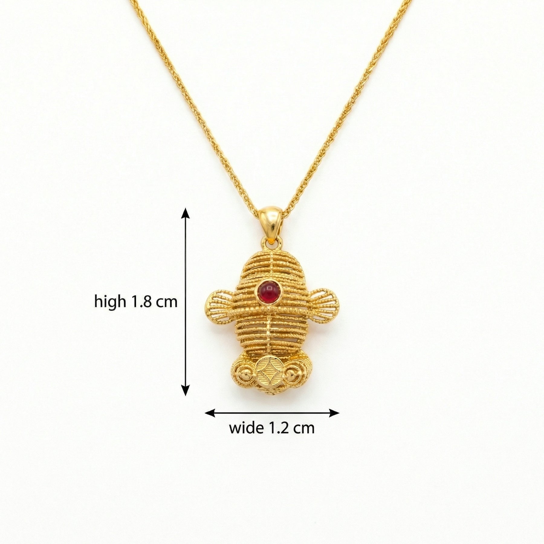 Filigree Fish Pendant with Ruby Accent – ruby necklace, front view
