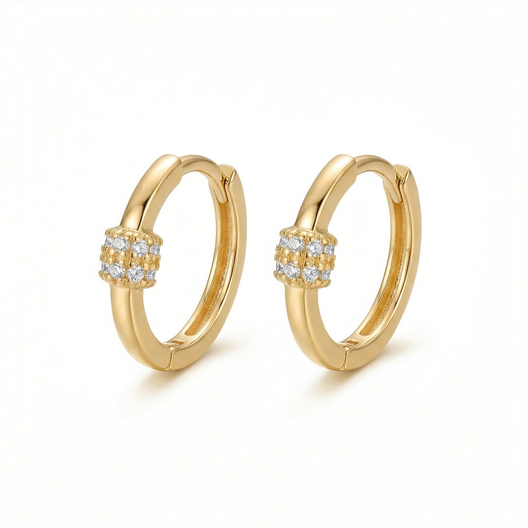 Huggie Hoops with Stone Center Detail – sterling silver earrings, side detail