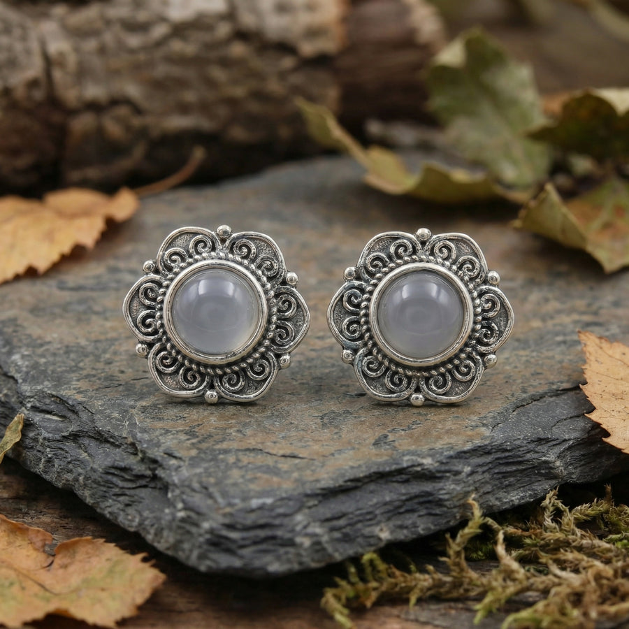 Floral Studs with Grey Cabochon Stones – sterling silver earrings