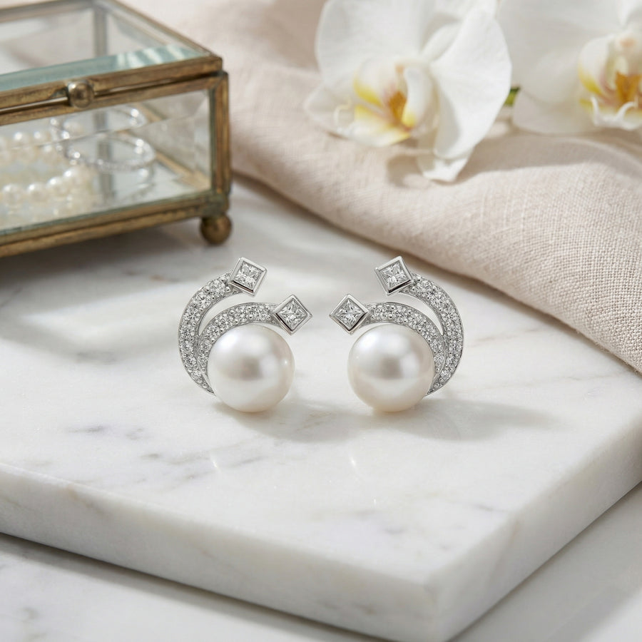 Pearl and Princess-Cut Wave Studs – pearl earrings