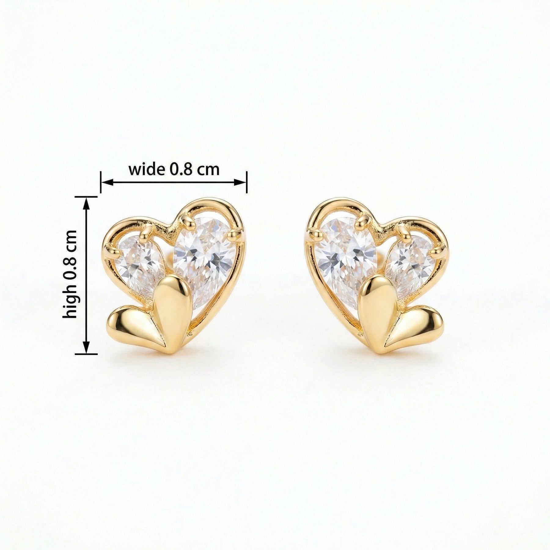 Double Heart CZ Stud Earrings – zircon earrings, close-up