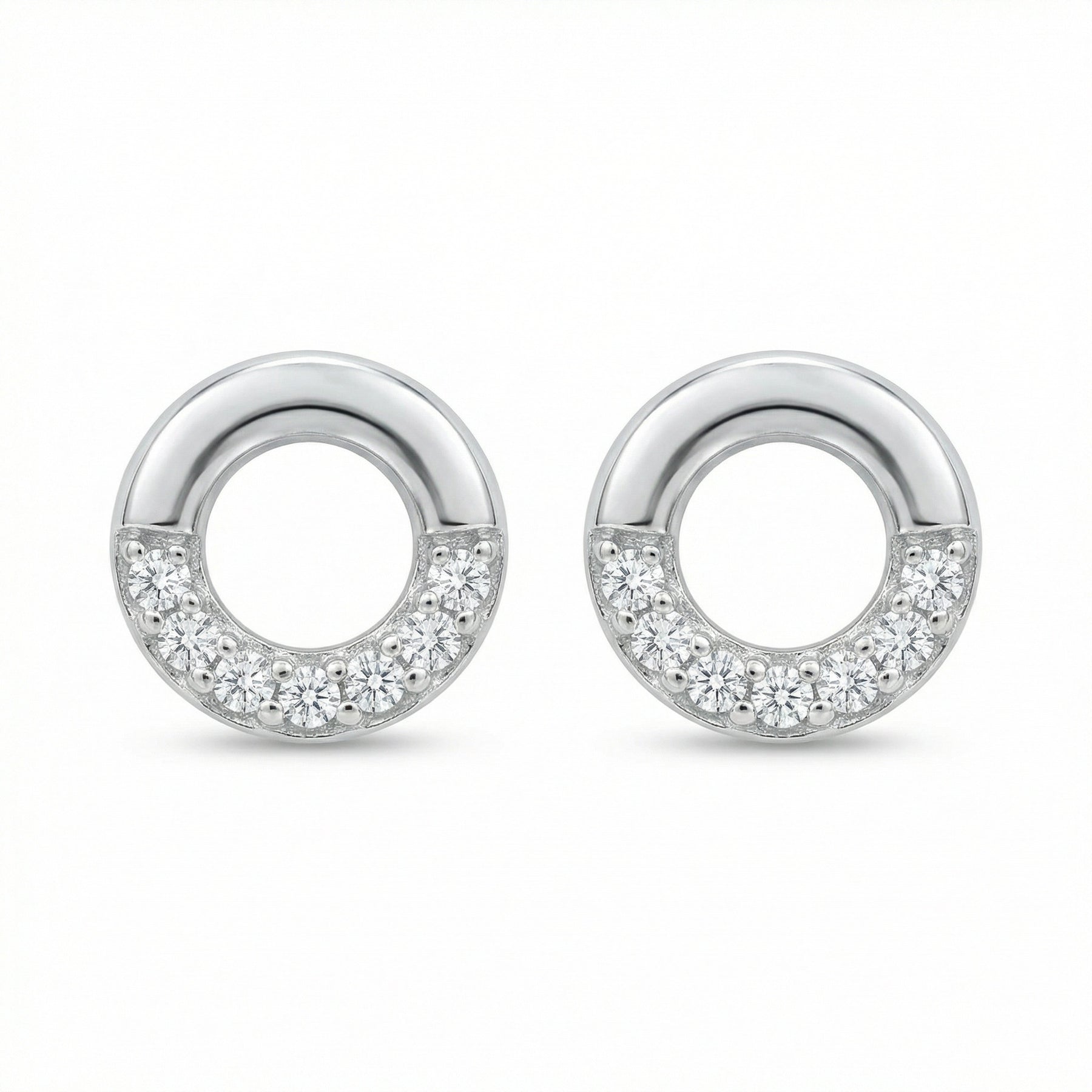 Pavé Open Circle Stud Earrings – sterling silver earrings, close-up