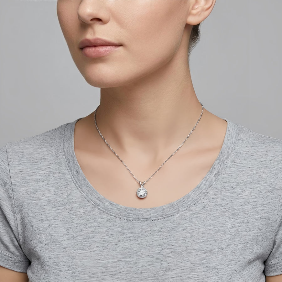 Solitaire Halo Pendant Necklace – sterling silver necklace, front view