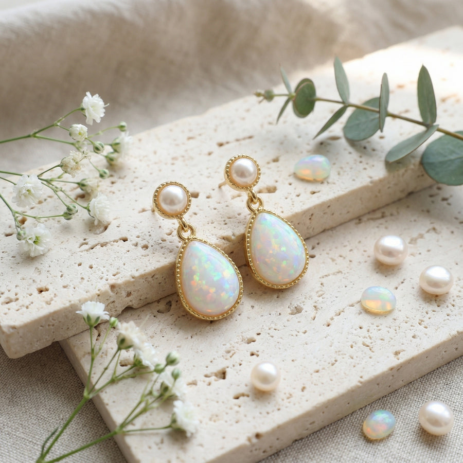 Pearl and Pear-Shaped Opal Drop Earrings – pearl earrings, close-up