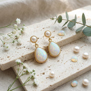 Pearl and Pear-Shaped Opal Drop Earrings – pearl earrings, close-up
