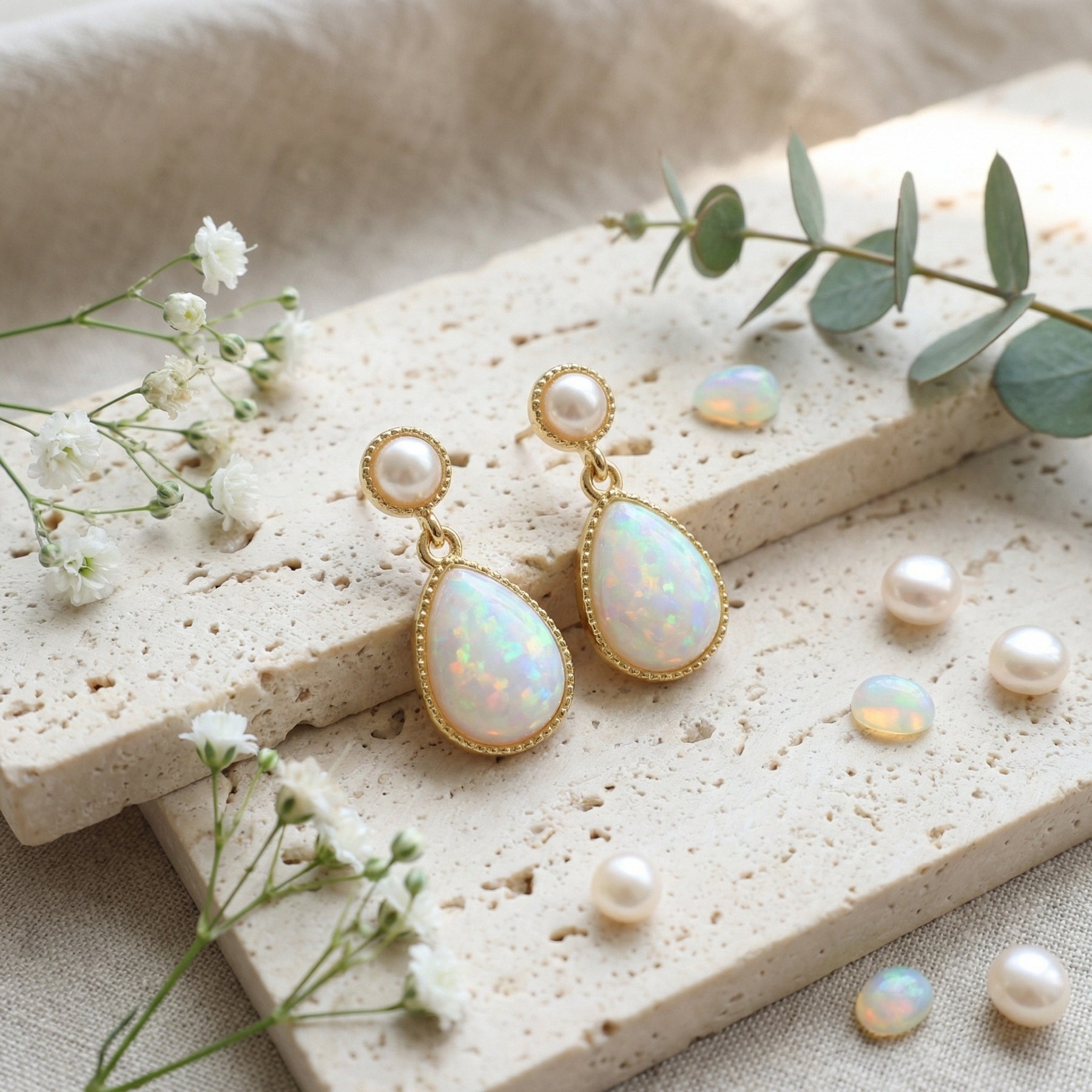 Pearl and Pear-Shaped Opal Drop Earrings – pearl earrings, close-up