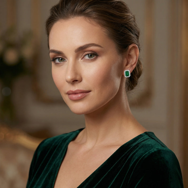 Rectangular-cut Green Halo Earrings – sterling silver earrings