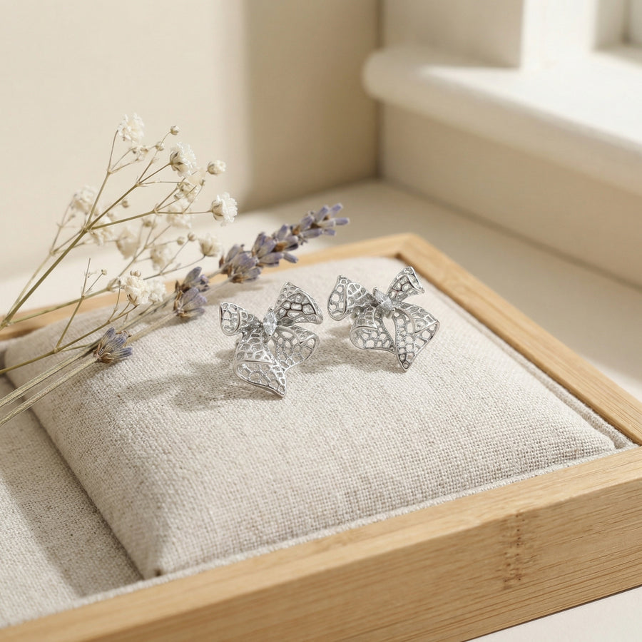 Filigree Bow Knot Stud Earrings – sterling silver earrings, side detail