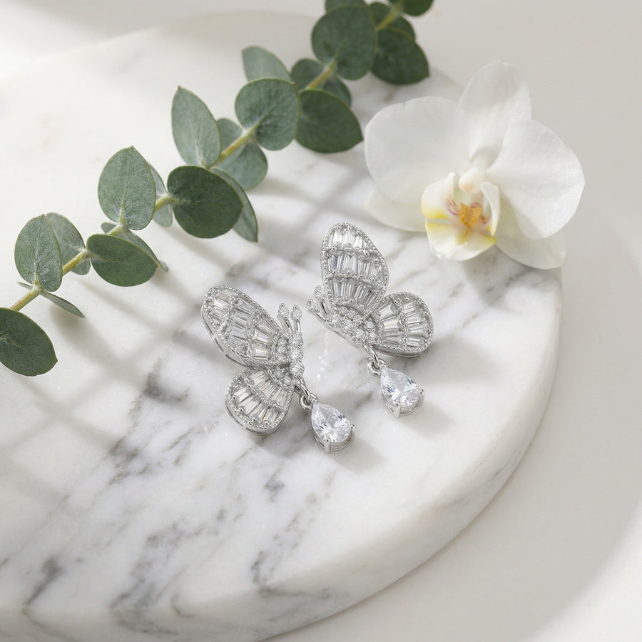 Butterfly Drop Earrings, Baguette and Pear – sterling silver earrings, side detail