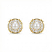Pearl Studs with Baguette Halo – pearl earrings, side detail