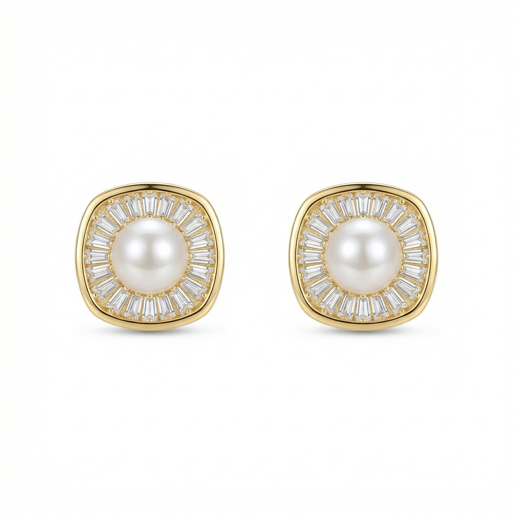 Pearl Studs with Baguette Halo – pearl earrings, side detail
