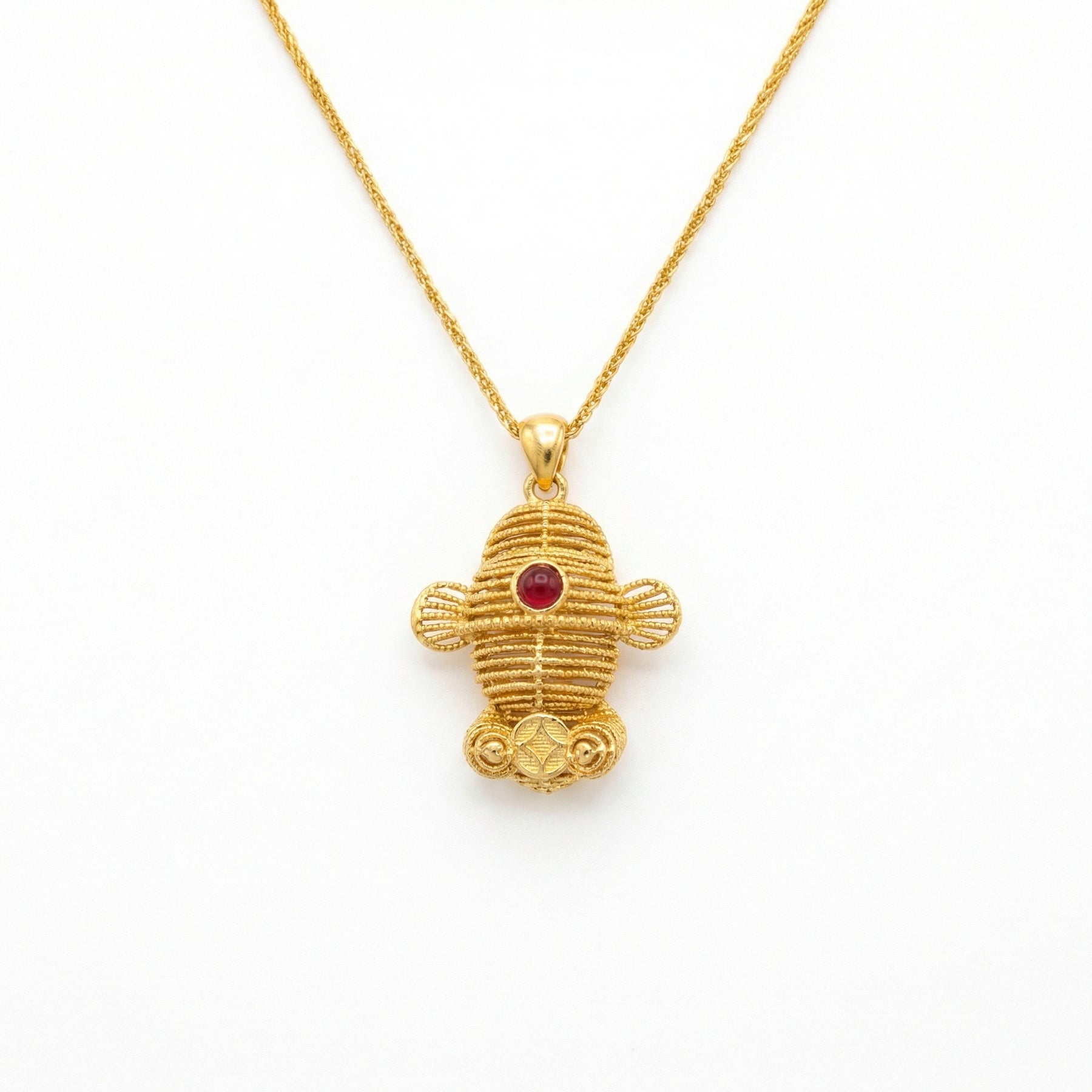 Filigree Fish Pendant with Ruby Accent – ruby necklace, close-up