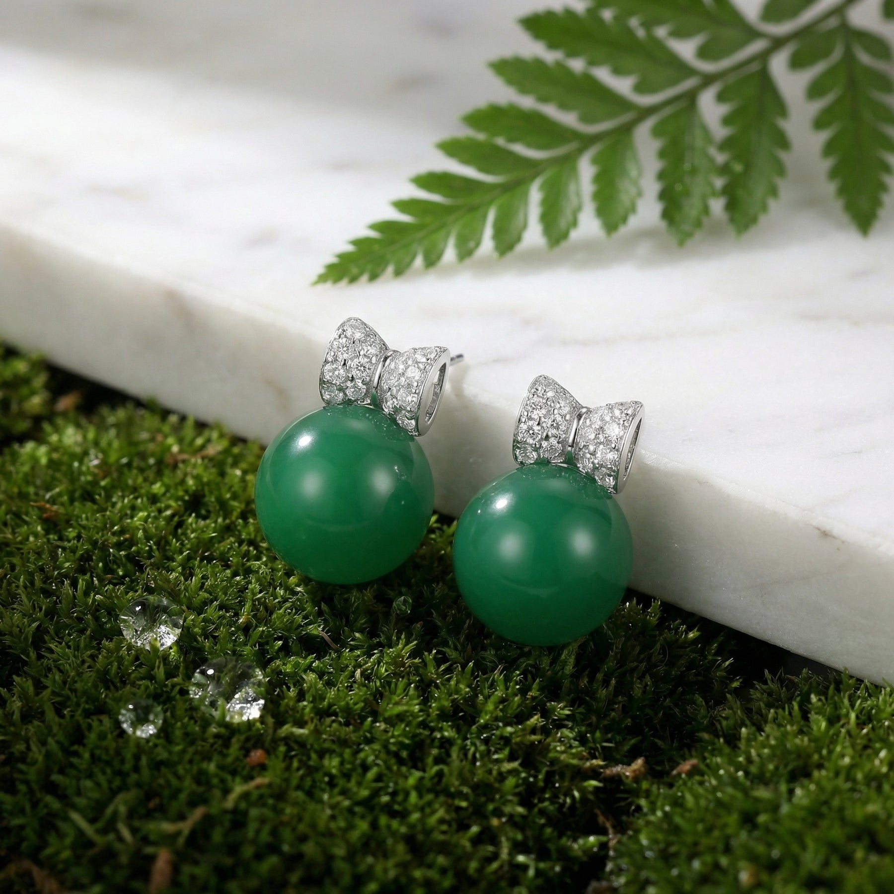 Green Sphere Ribbon Bow Earrings – sterling silver earrings, side detail
