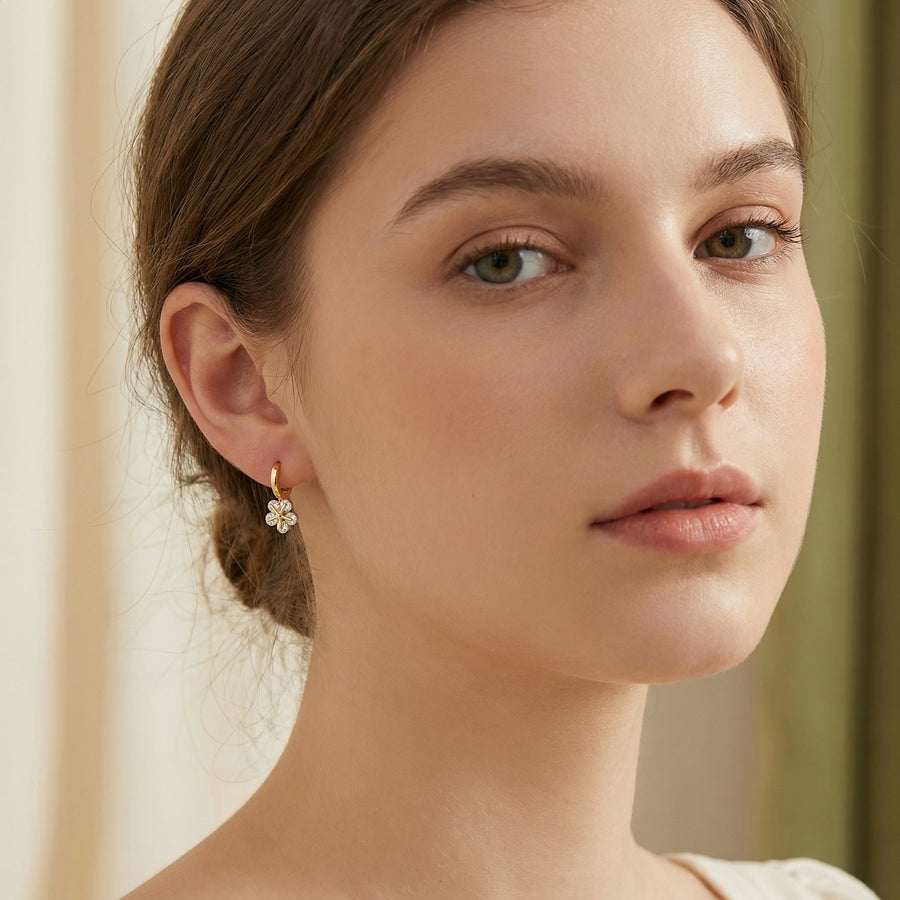 Floral Charm Huggie Hoop Earrings – sterling silver earrings, styling detail