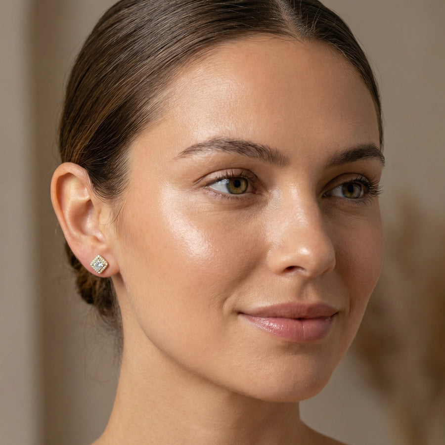 Square-Cut Halo Stud Earrings – sterling silver earrings, close-up
