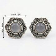 Floral Studs with Grey Cabochon Stones – sterling silver earrings, front view
