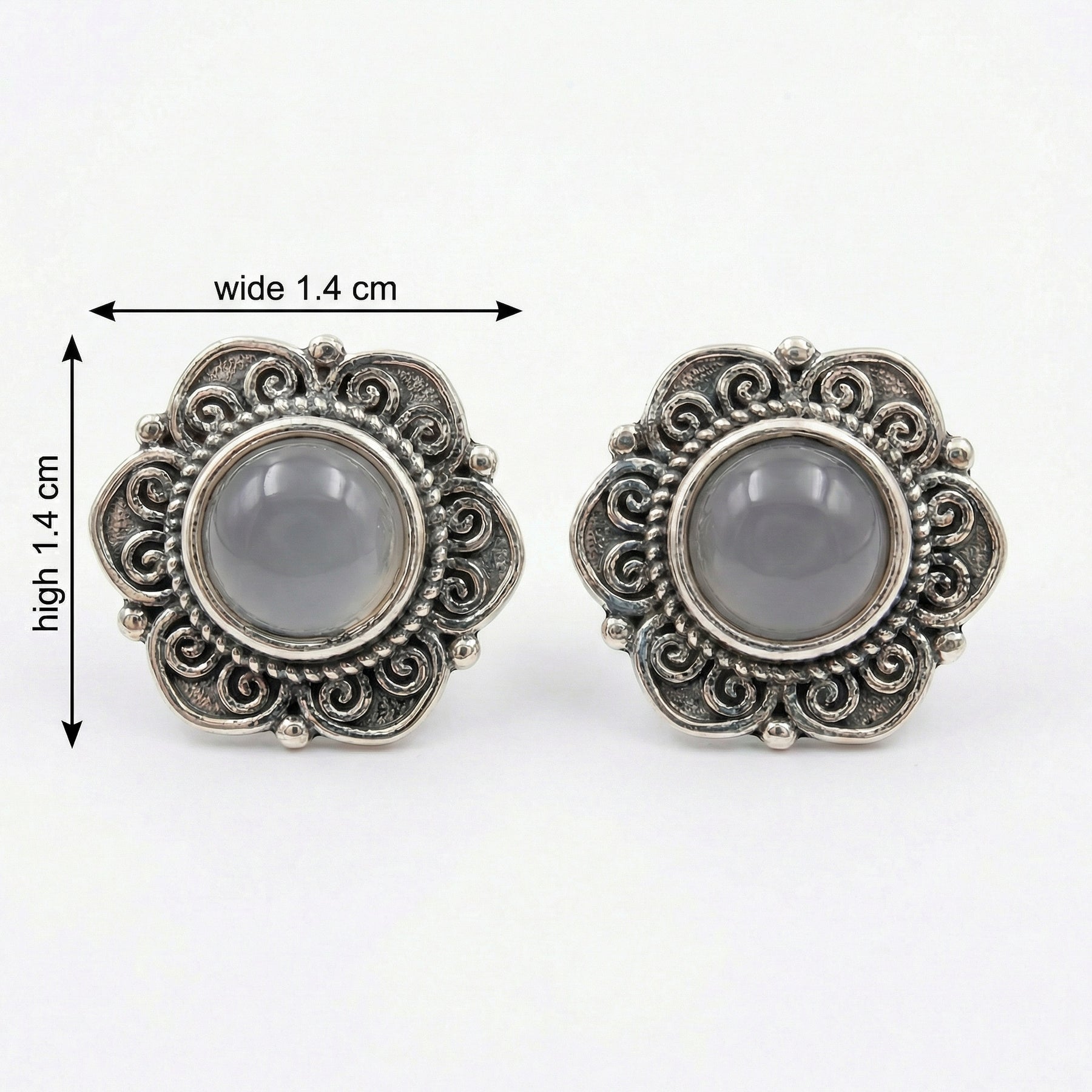 Floral Studs with Grey Cabochon Stones – sterling silver earrings, front view