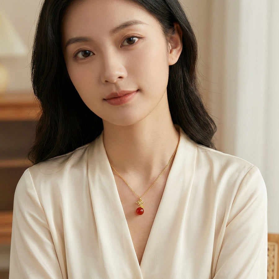 Chinese Knot Fu Character Necklace – sterling silver necklace, side detail
