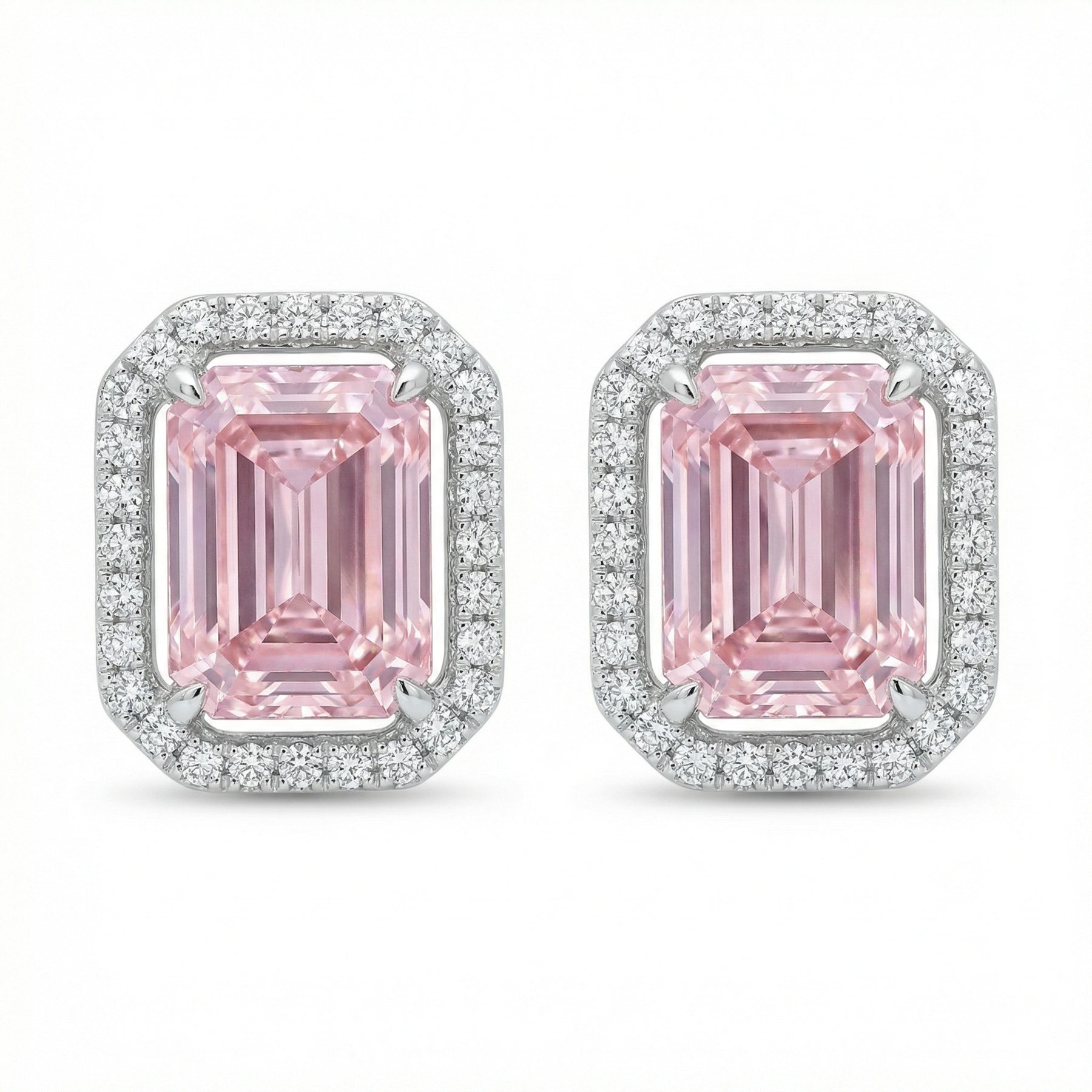 Radiant-Cut Halo Stud Earrings – sterling silver earrings, front view