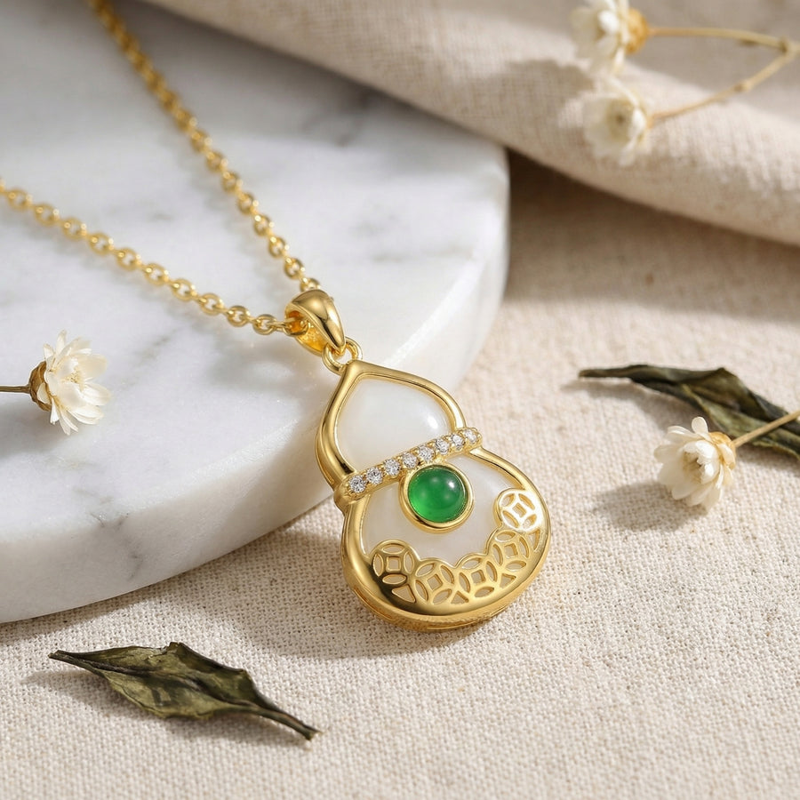 White and Green Gourd Necklace – sterling silver necklace, front view