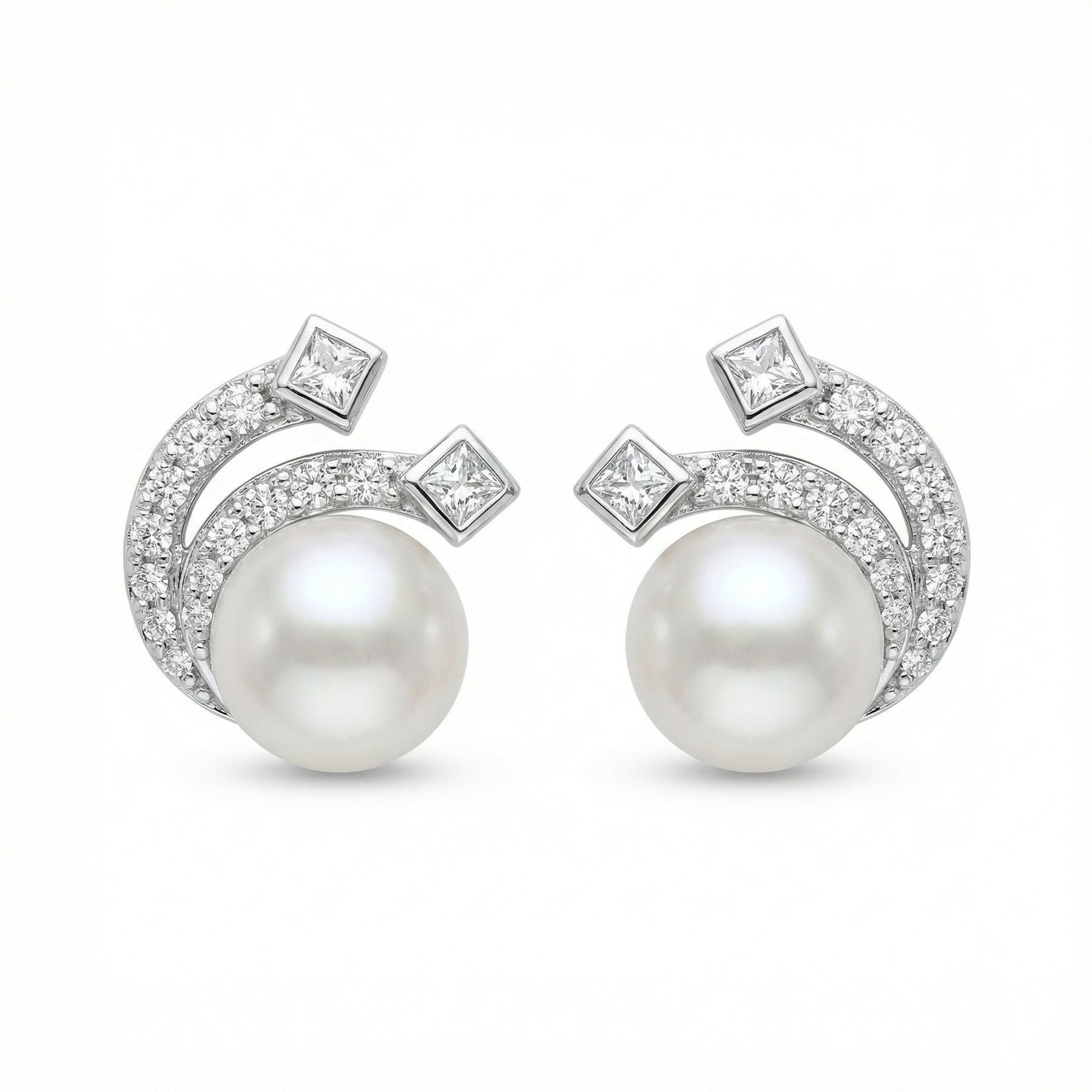 Pearl and Princess-Cut Wave Studs – pearl earrings, side detail