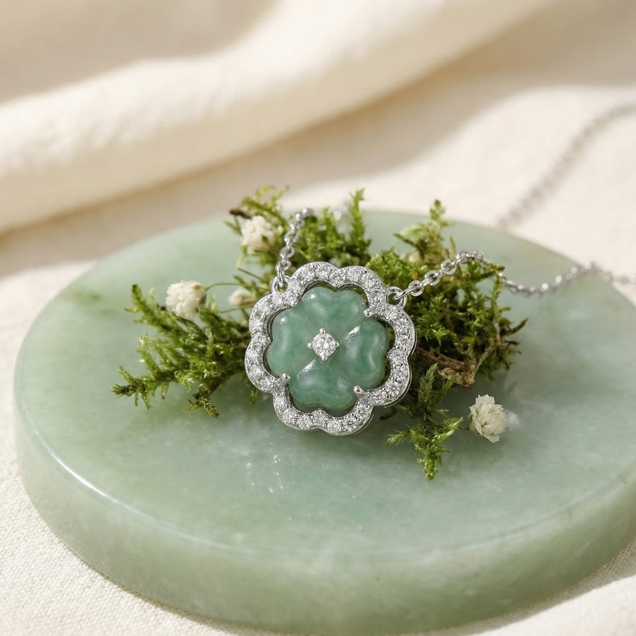 Green Jade Clover Pendant Necklace – jade necklace, front view