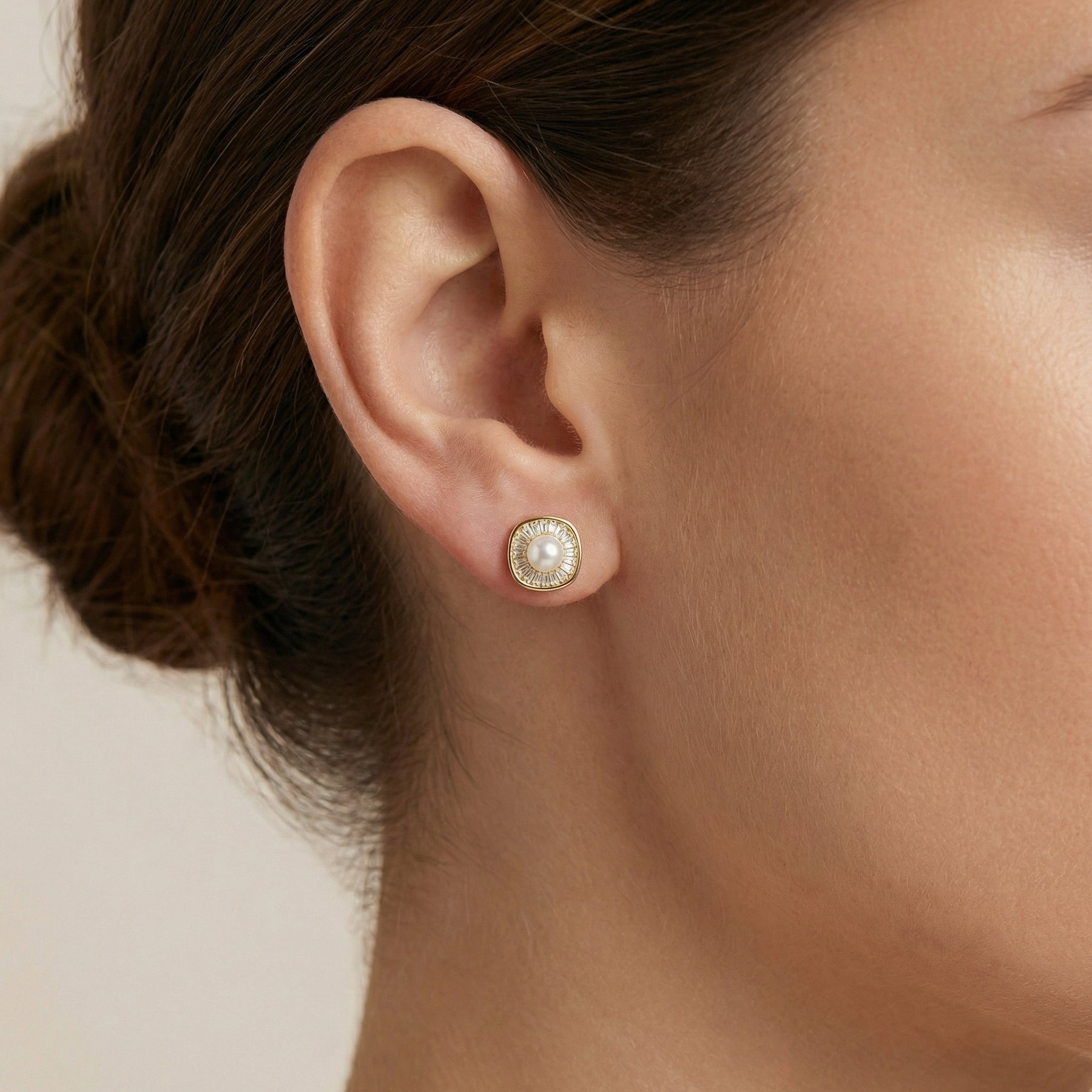 Pearl Studs with Baguette Halo – pearl earrings