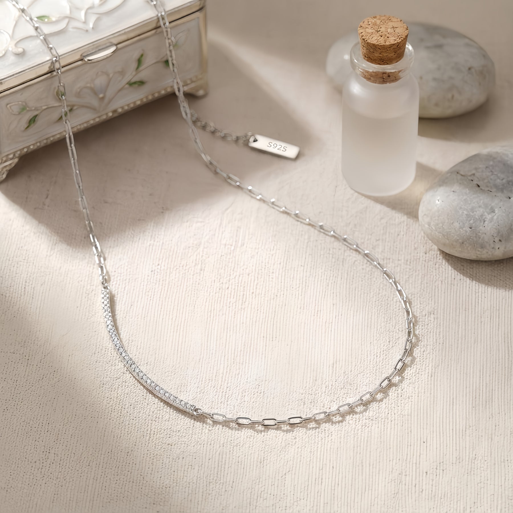 Minimalist Chain Necklace with Charm – sterling silver necklace, side detail