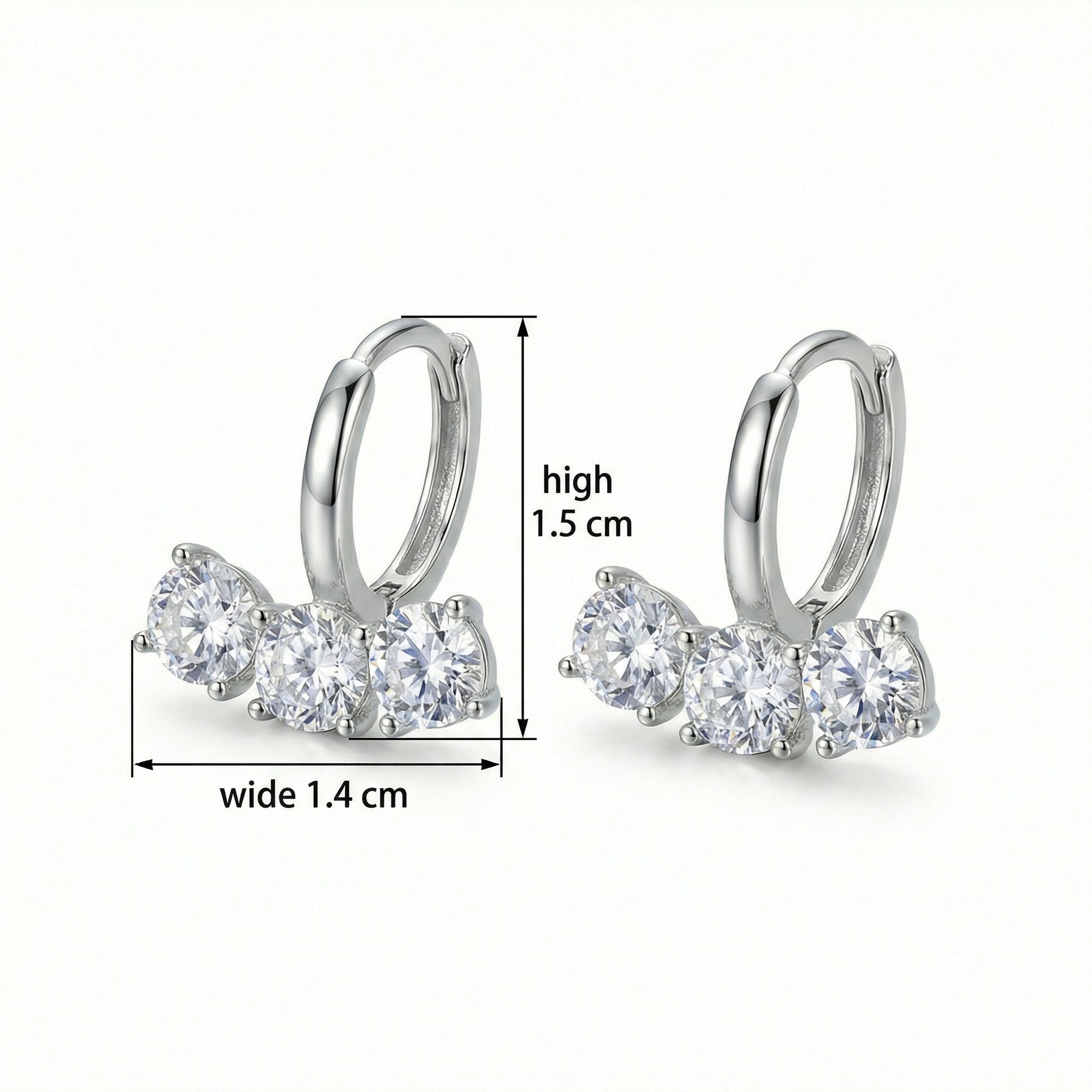 Three-Stone Silver Huggie Hoops – sterling silver earrings, front view