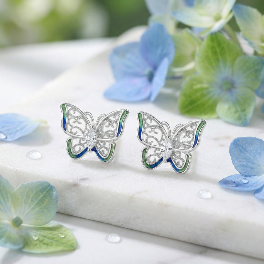 Enamel Butterfly Filigree Stud Earrings – sterling silver earrings, close-up