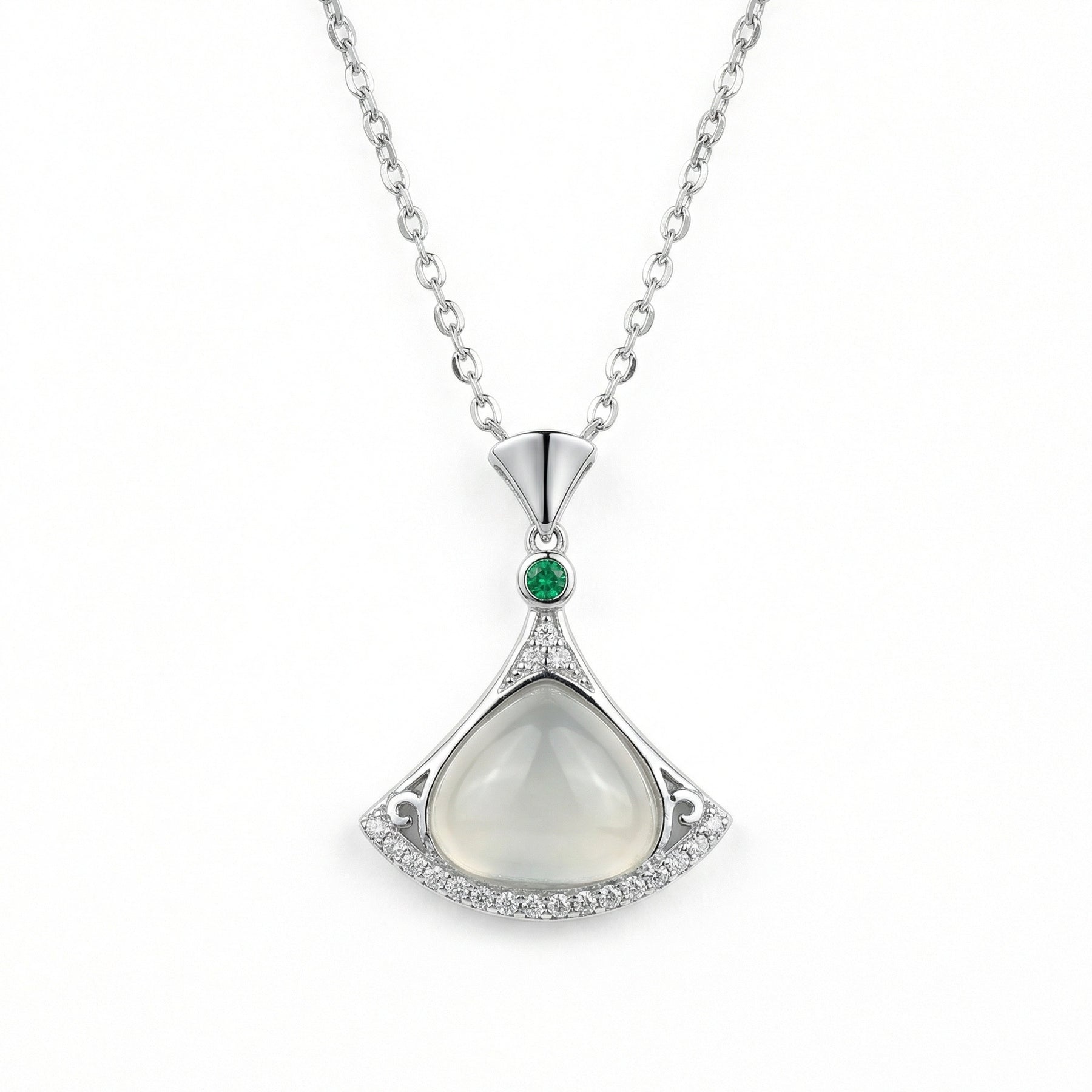 Fan-Shaped Moonstone Green stone Necklace – green stone necklace, front view