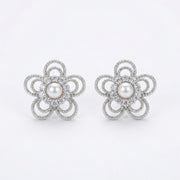 Open-Work Flower Pearl Stud Earrings – pearl earrings, close-up