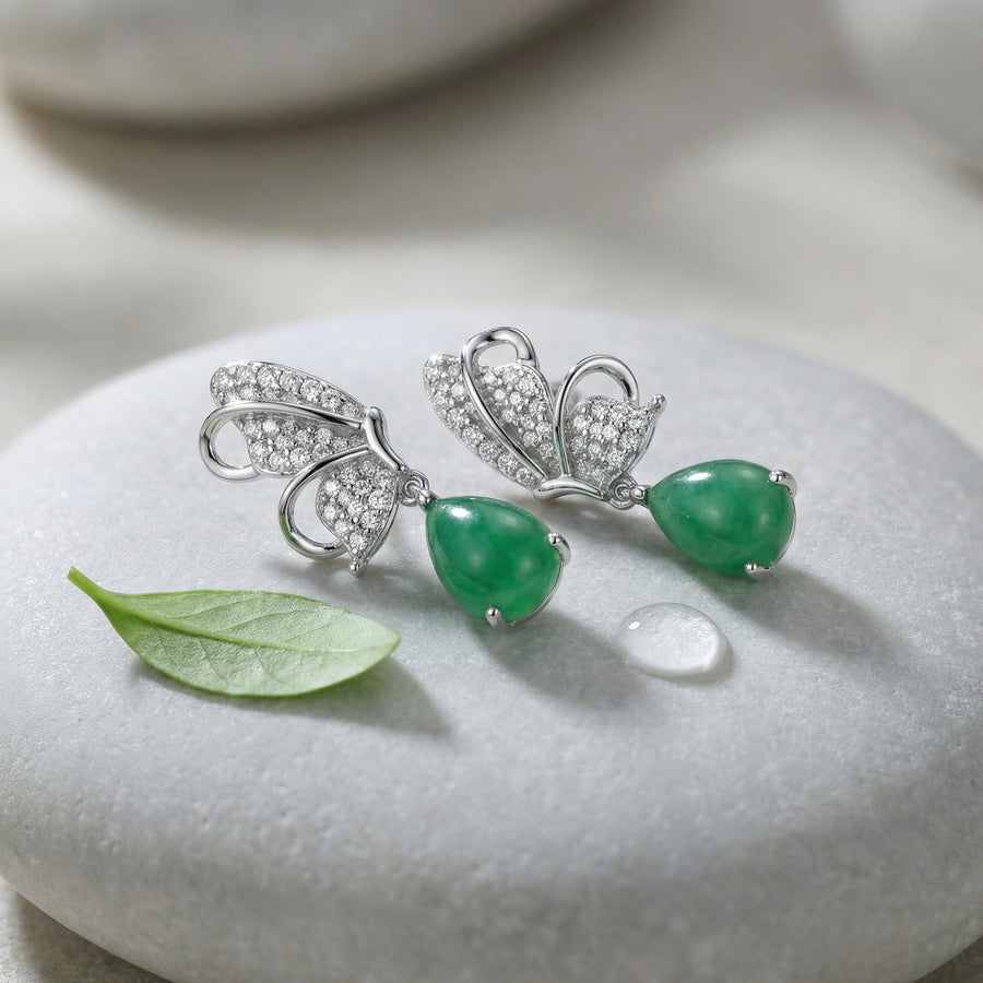 Butterfly Drops with Green Teardrop Stones – sterling silver earrings