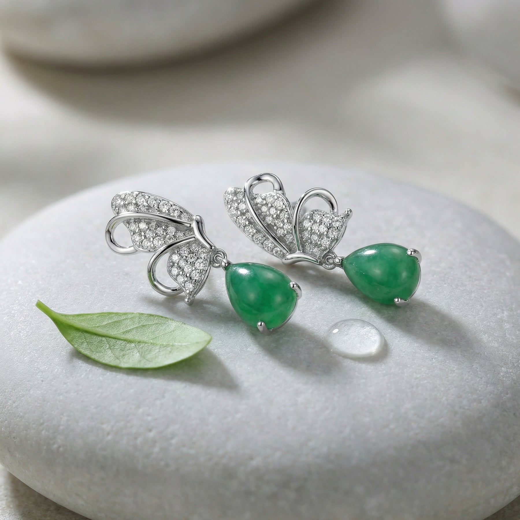 Butterfly Drops with Green Teardrop Stones – sterling silver earrings
