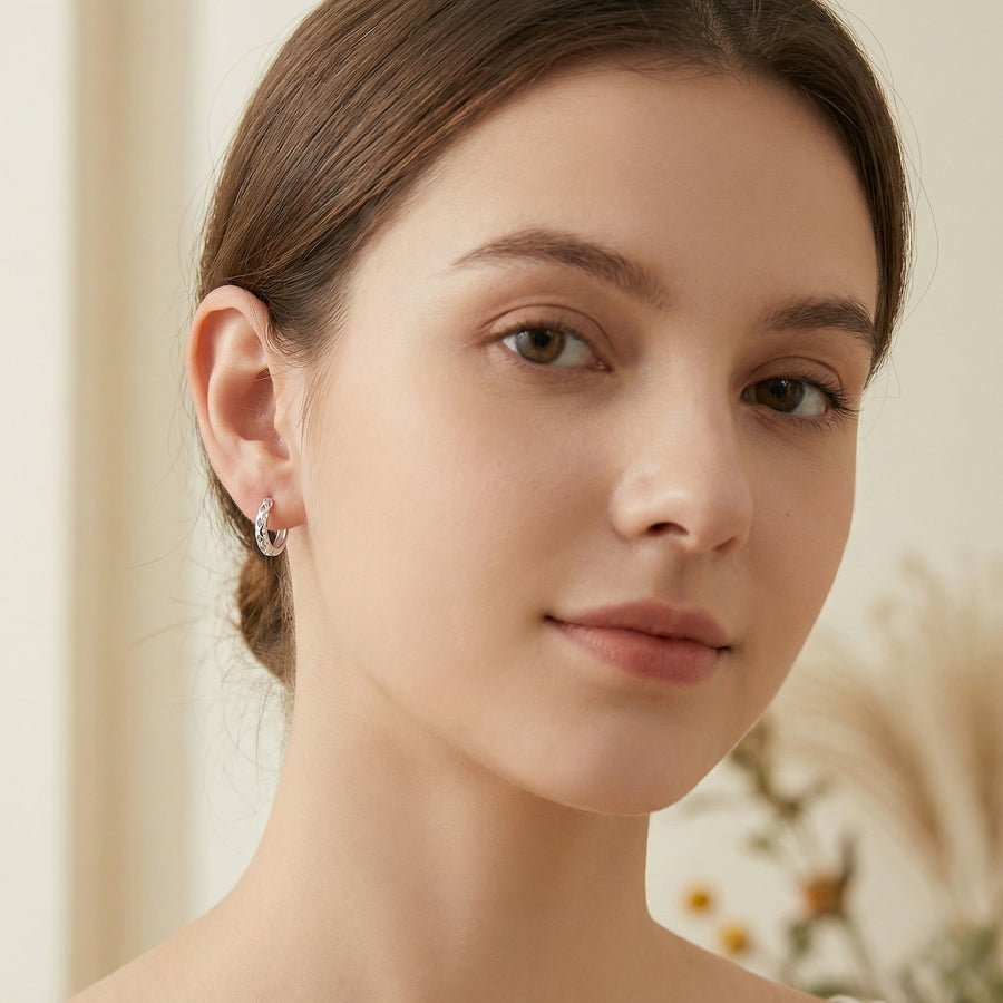 Geometric Cutout Silver Hoop Earrings – sterling silver earrings, side detail