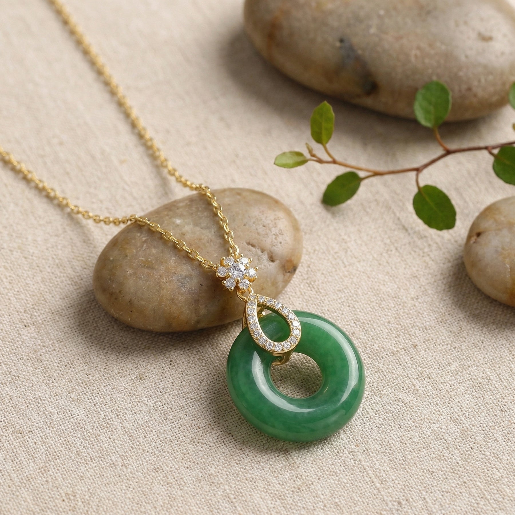 Green Jade Donut Necklace, Floral Accents – jade necklace, close-up