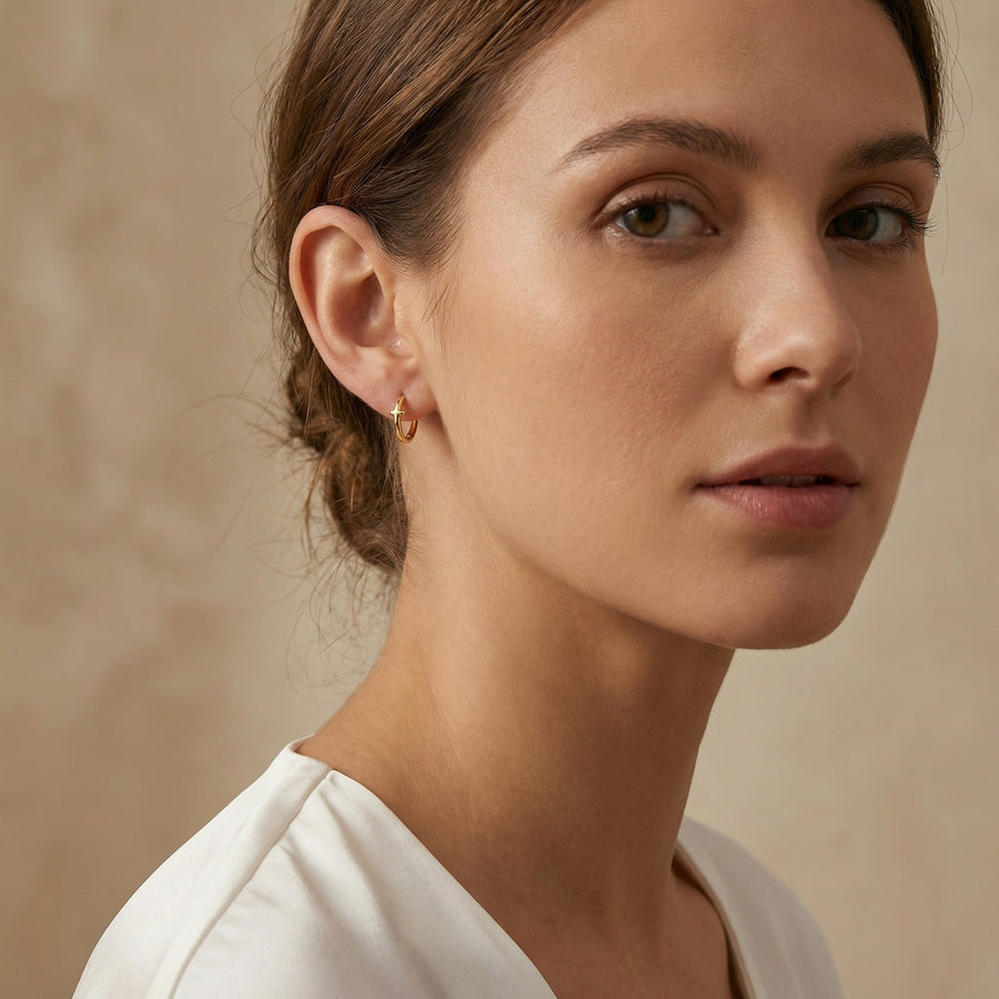 Polished Cross Huggie Hoop Earrings – sterling silver earrings, side detail