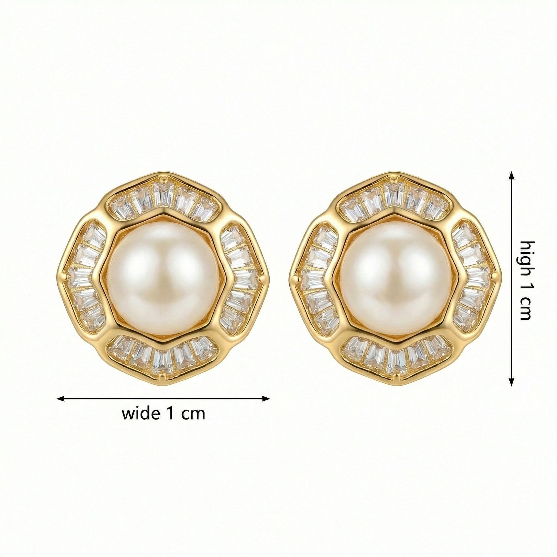 Scalloped Pearl Studs, Baguette Halo – pearl earrings, side detail