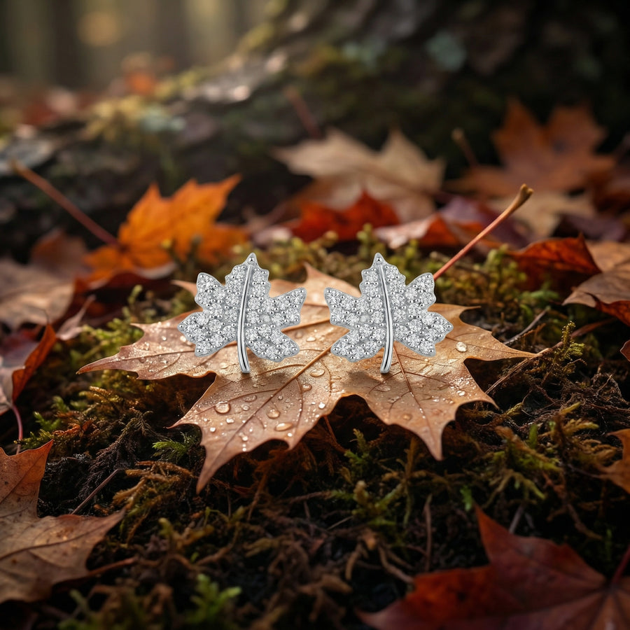 Maple Leaf Pavé Stud Earrings – sterling silver earrings, side detail
