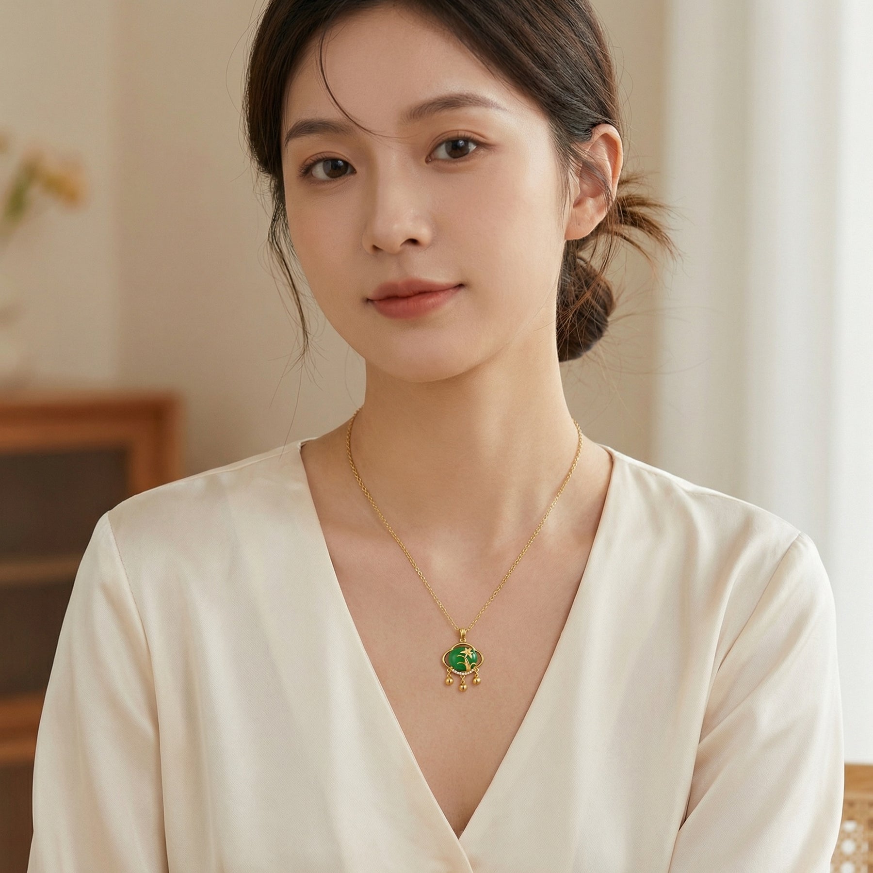 Deep green Floral Triple Dangle Necklace – green stone earrings, front view
