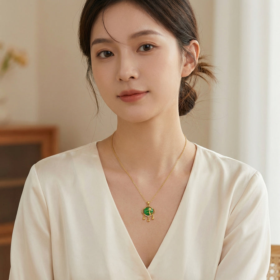 Deep green Floral Triple Dangle Necklace – green stone earrings, front view